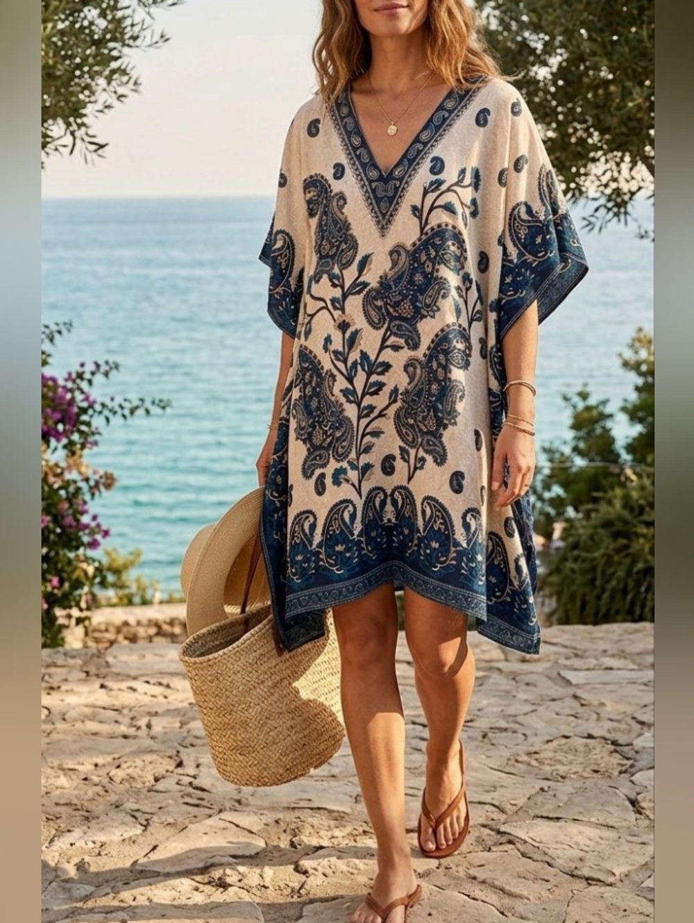 Printed Blue Cream White Paisley Boho V-Neck Floral Spring Kaftan Tunic S